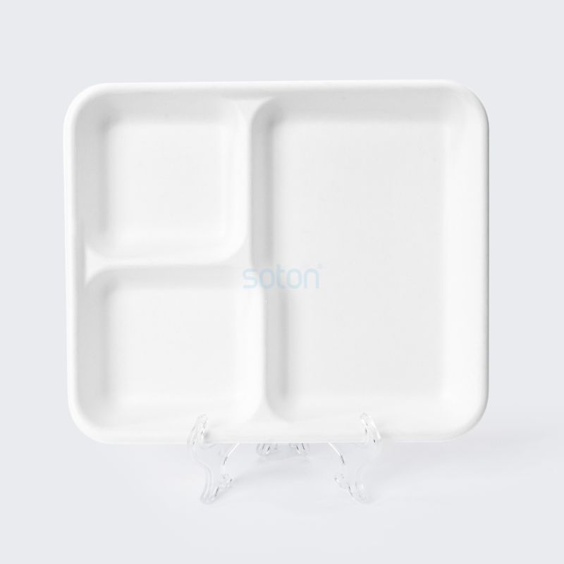 Disposable Biodegradable Sugarcane Bagasse 3 Compartments Round Plate 9''