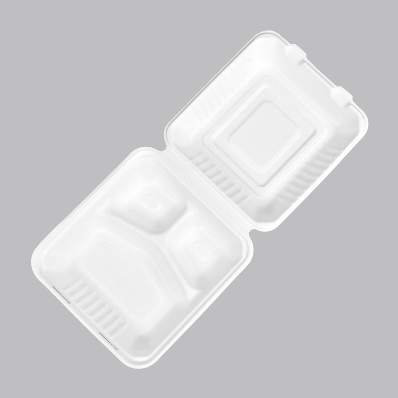 Disposable Biodegradable Sugarcane Bagasse 3 Compartment Clamshell 9''